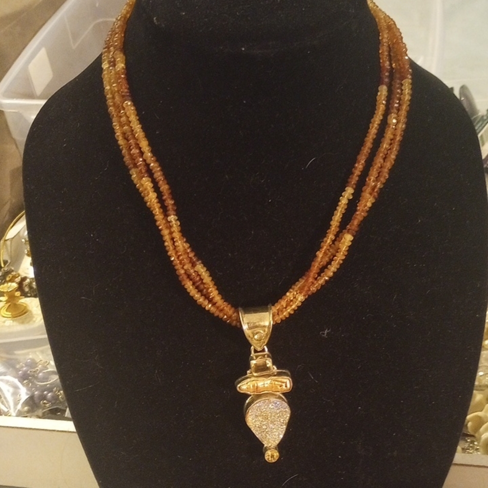 Gold and Brown Gemstone Necklace Beaded Gemstone Beads. .925 Hardware